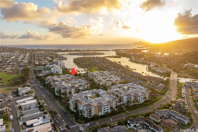 drone / aerial view featuring a water view