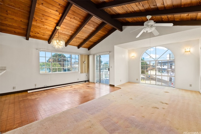 carpeted empty room featuring a baseboard radiator, wooden ceiling, a ceiling fan, and a chandelier