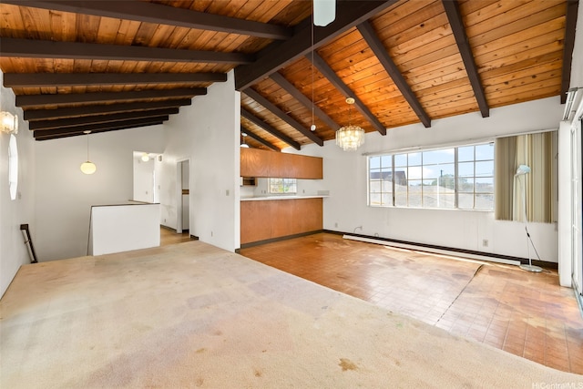 unfurnished living room with wooden ceiling, a baseboard radiator, carpet, and a chandelier