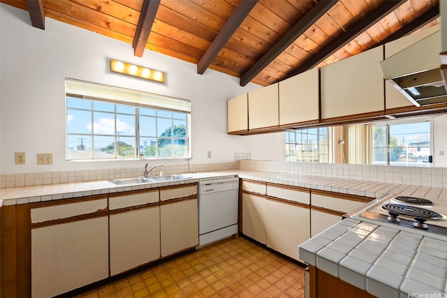 kitchen with white dishwasher, wooden ceiling, a sink, light floors, and tile countertops