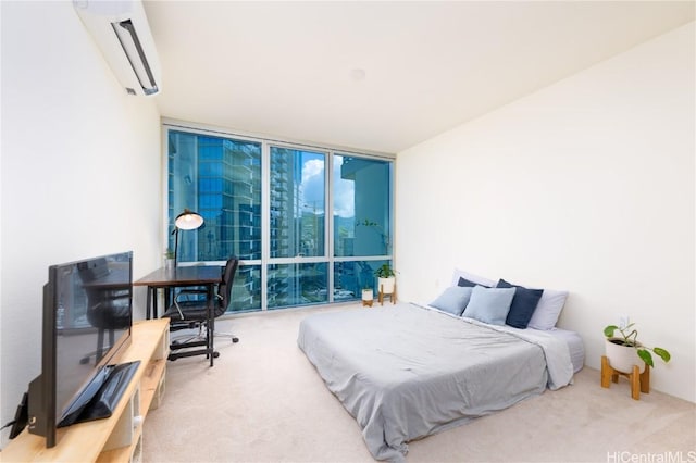 carpeted bedroom with expansive windows and a wall mounted AC