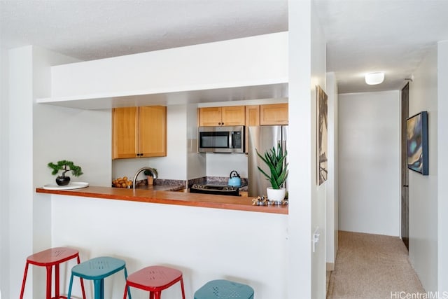 kitchen with light carpet, appliances with stainless steel finishes, and a sink