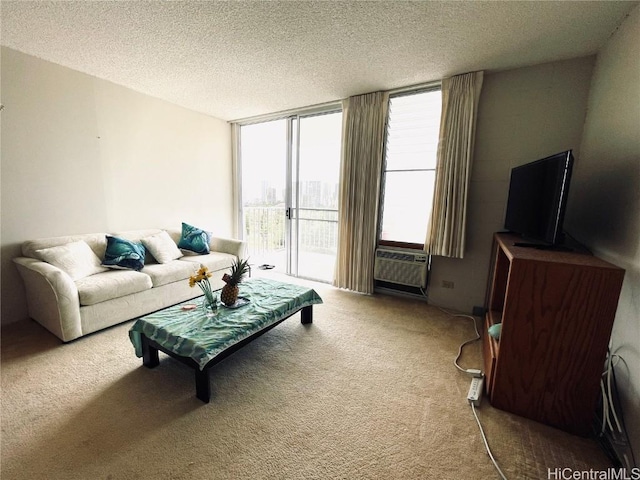 carpeted living room with expansive windows and a textured ceiling