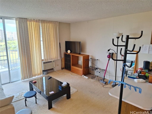 interior space featuring a textured ceiling, cooling unit, and carpet flooring