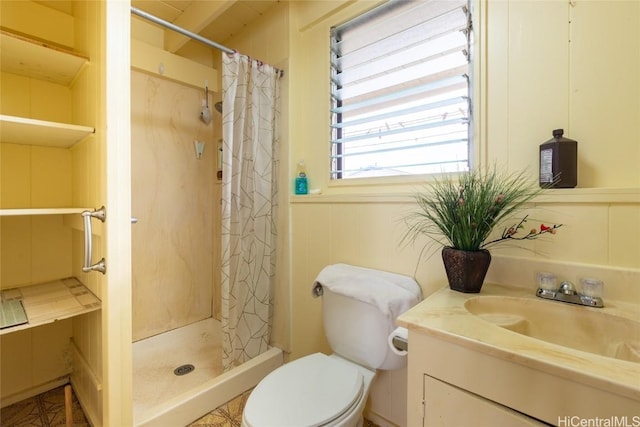 full bathroom featuring toilet, vanity, and a shower stall