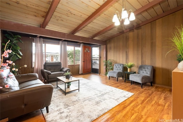 living area featuring lofted ceiling with beams, wood walls, wooden ceiling, and wood finished floors