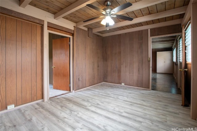 unfurnished room featuring wooden ceiling, wooden walls, light wood finished floors, and beam ceiling