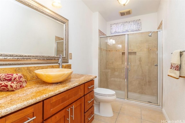 full bath featuring tile patterned flooring, toilet, vanity, visible vents, and a stall shower