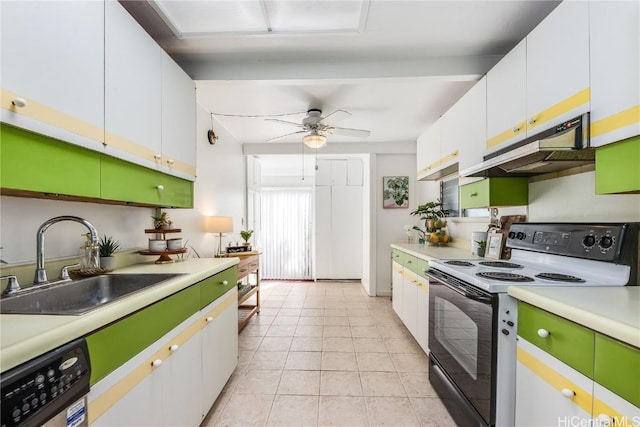 kitchen featuring white cabinetry, range with electric stovetop, under cabinet range hood, and a sink