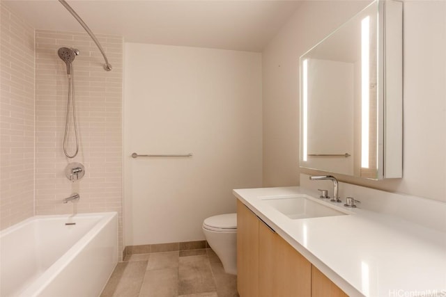 full bath with baseboards, bathing tub / shower combination, toilet, tile patterned floors, and vanity