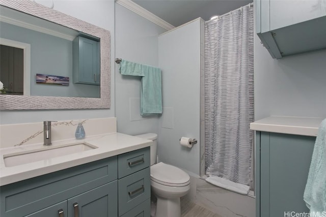 full bathroom with marble finish floor, crown molding, curtained shower, toilet, and vanity