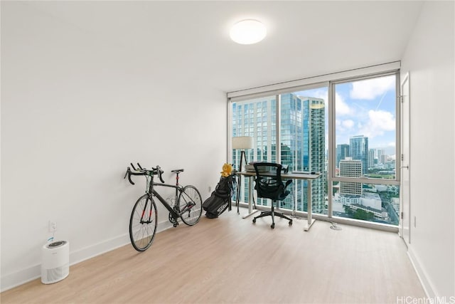 home office with expansive windows, a view of city, wood finished floors, and baseboards