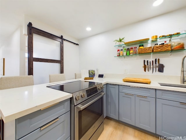 kitchen with electric range, a barn door, light stone counters, a peninsula, and a sink