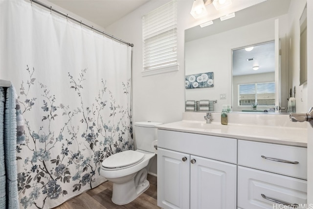 bathroom with vanity, wood finished floors, and toilet