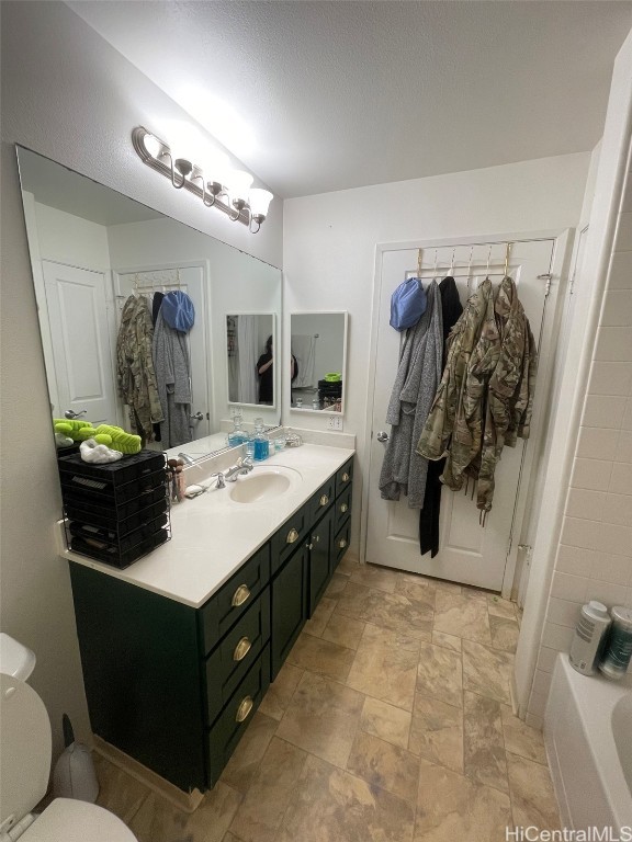 bathroom featuring toilet, stone finish floor, washtub / shower combination, and vanity