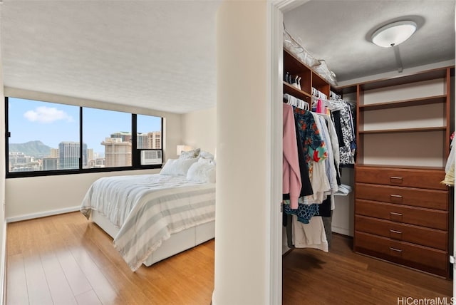 bedroom featuring a closet, a view of city, baseboards, and wood finished floors