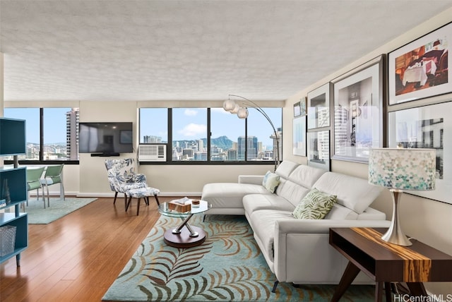 living area with hardwood / wood-style flooring, baseboards, and a textured ceiling