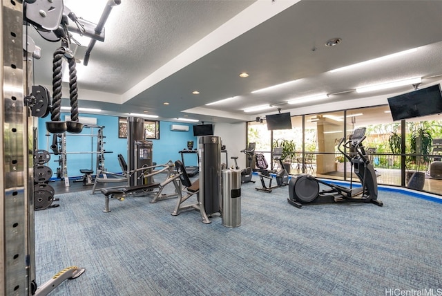 workout area with a textured ceiling and carpet