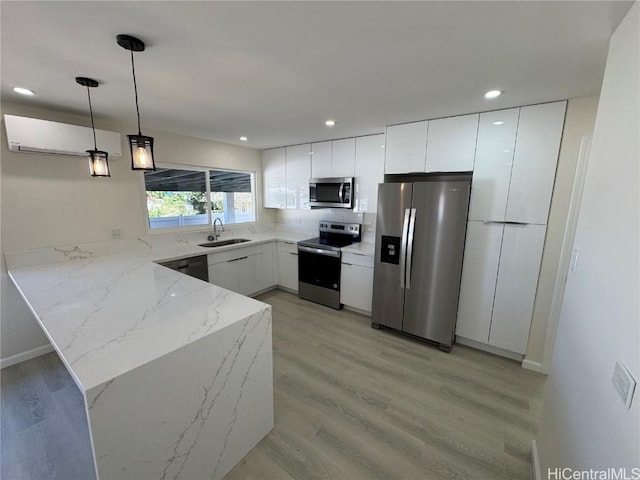 kitchen with a peninsula, a sink, white cabinets, appliances with stainless steel finishes, and modern cabinets