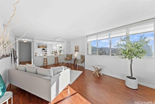 living room featuring baseboards, track lighting, and wood finished floors