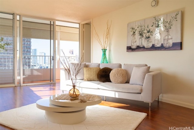 living area featuring baseboards, floor to ceiling windows, a city view, and wood finished floors