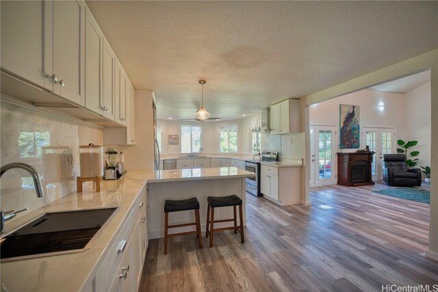 kitchen featuring wood finished floors, a peninsula, a sink, stainless steel electric stove, and a wealth of natural light