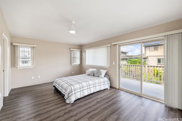 bedroom with access to exterior, ceiling fan, and wood finished floors