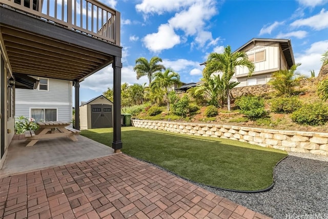 view of yard featuring a storage unit, a patio, and an outdoor structure