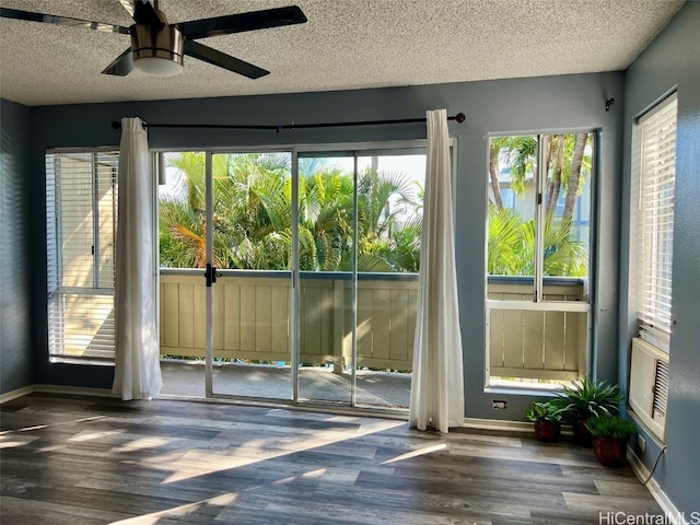 entryway with a textured ceiling, wood finished floors, and a healthy amount of sunlight