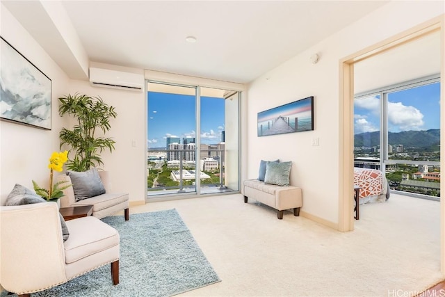 living area with carpet floors, a wall of windows, and plenty of natural light