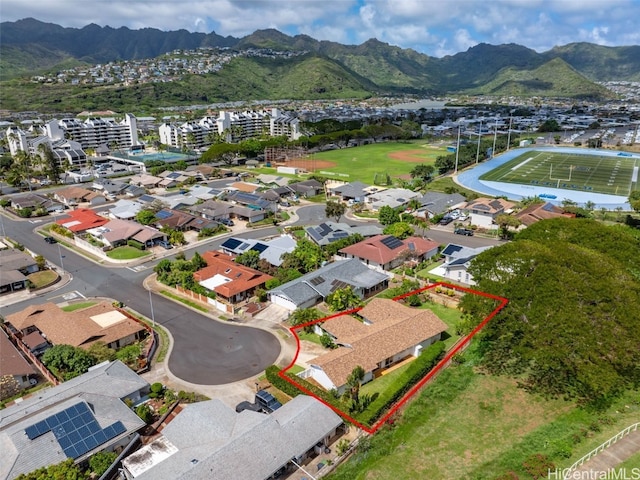 drone / aerial view featuring a mountain view