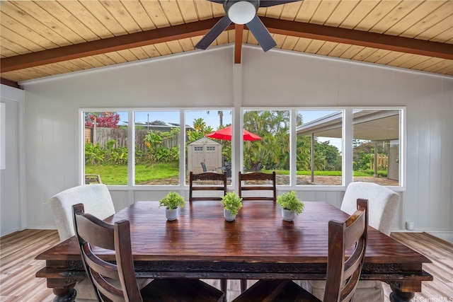 2445 Komo Mai Dr, Pearl City, HI 96782 - dining space featuring lofted ceiling with beams, wooden ceiling, wood finished floors, and ceiling fan