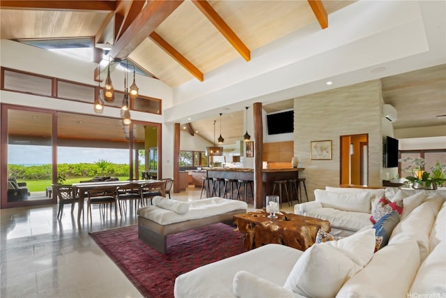 376 Dune Cir, Kailua, HI 96734 - living room with a wall mounted air conditioner, high vaulted ceiling, and beam ceiling