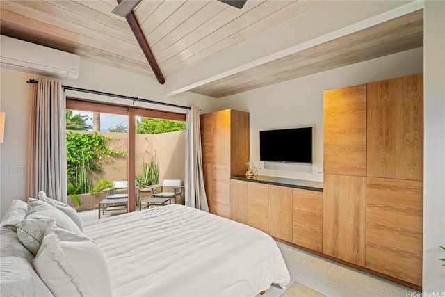 376 Dune Cir, Kailua, HI 96734 - bedroom with a wall mounted AC, access to exterior, dark speckled floor, and a wooden ceiling with exposed beams