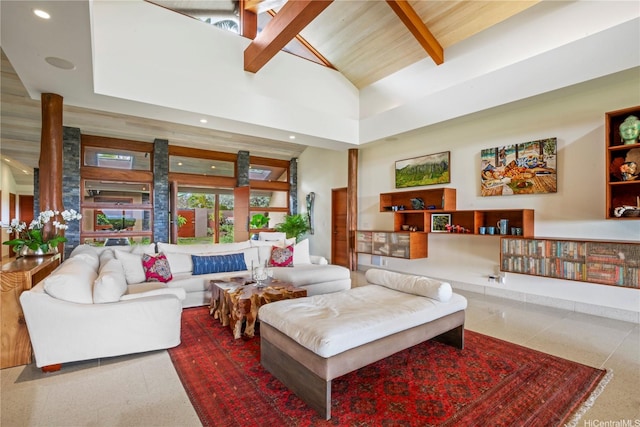 376 Dune Cir, Kailua, HI 96734 - living room featuring beam ceiling, high vaulted ceiling, and recessed lighting