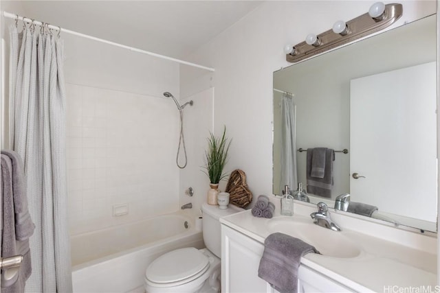 full bath featuring shower / bath combination with curtain, vanity, and toilet