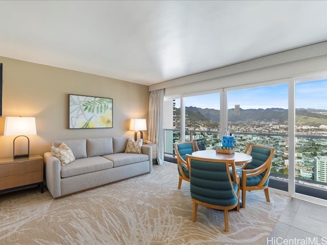 tiled living room featuring a mountain view