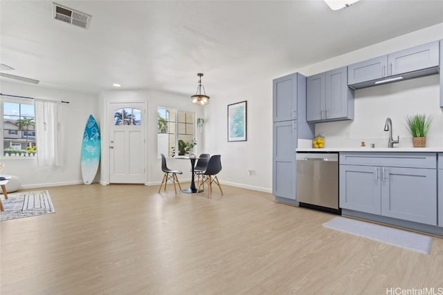 kitchen featuring a sink, visible vents, light countertops, dishwasher, and decorative light fixtures