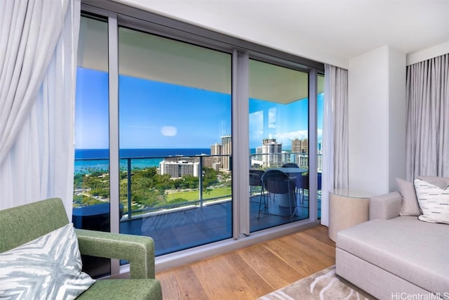 entryway with expansive windows, a water view, a city view, and wood finished floors