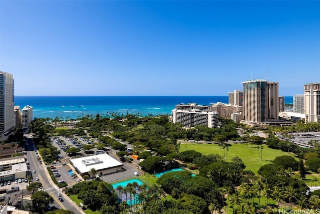 aerial view with a water view and a city view