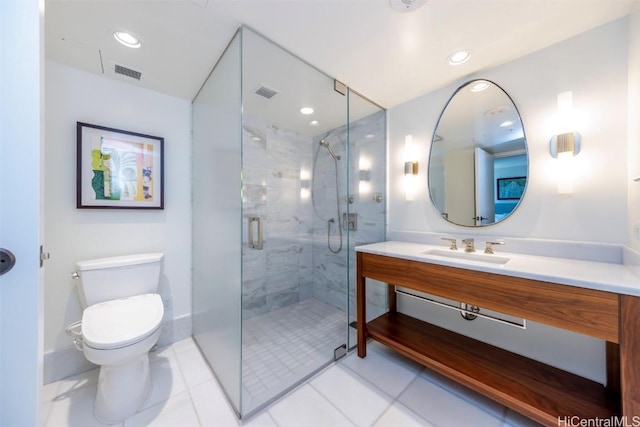 full bathroom featuring a stall shower, visible vents, vanity, and toilet