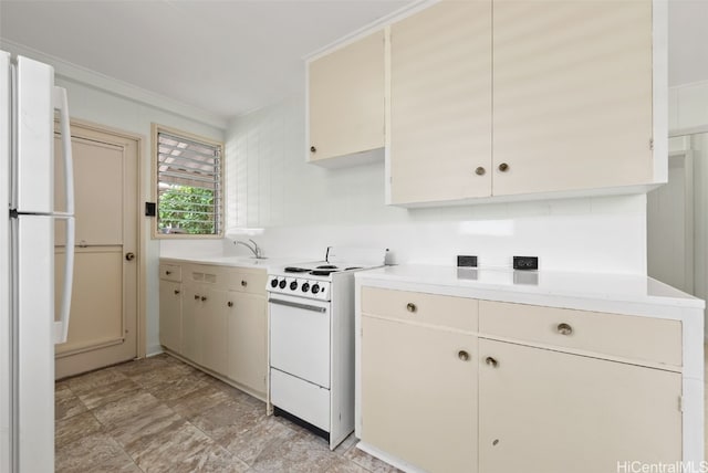 kitchen with light countertops and white appliances