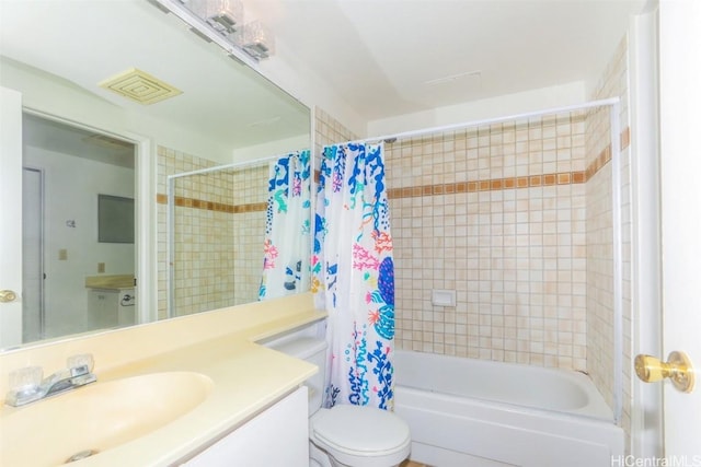 full bath featuring visible vents, vanity, toilet, and shower / bathtub combination with curtain