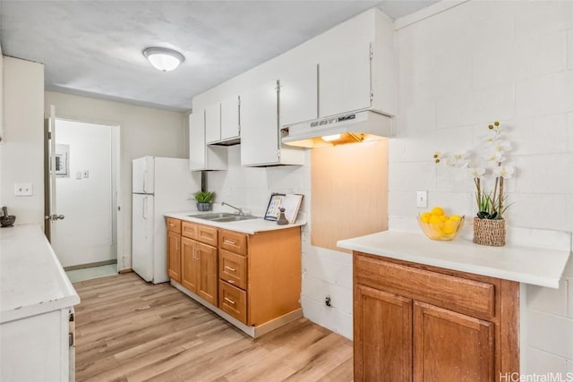 kitchen featuring under cabinet range hood, light wood-style floors, a sink, and freestanding refrigerator