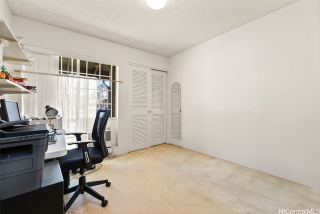 carpeted office space featuring a textured ceiling