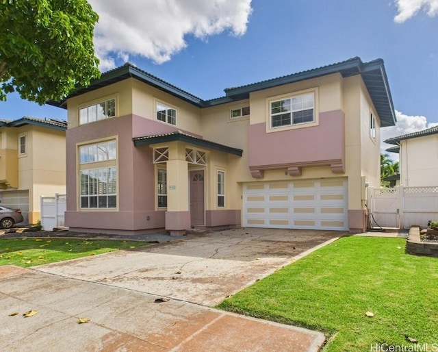 view of front facade featuring a garage, concrete driveway, fence, and stucco siding