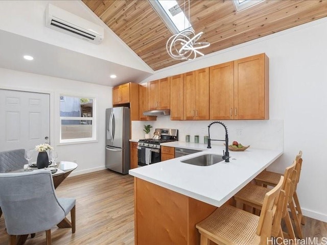 kitchen featuring under cabinet range hood, a wall unit AC, a kitchen breakfast bar, appliances with stainless steel finishes, and a sink