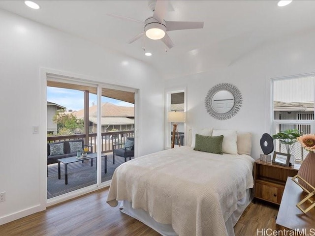 bedroom featuring recessed lighting, wood finished floors, and access to outside