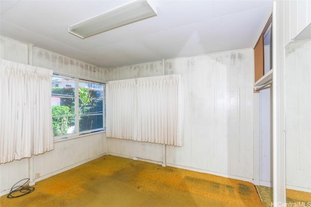 unfurnished room featuring wooden walls