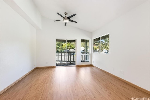 empty room featuring light wood-style floors, plenty of natural light, baseboards, and ceiling fan